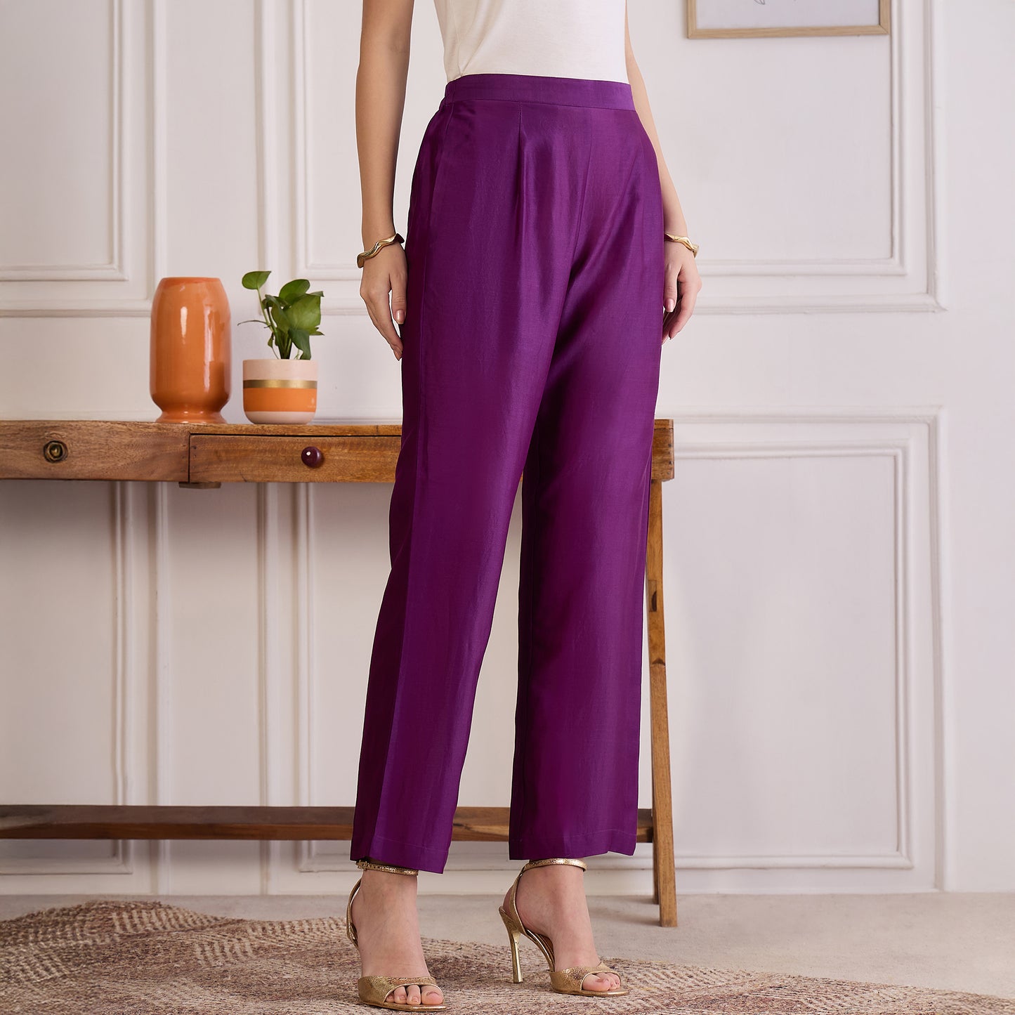 Purple Zari Hand Embroidered Short Kaftan Top with Pants Set