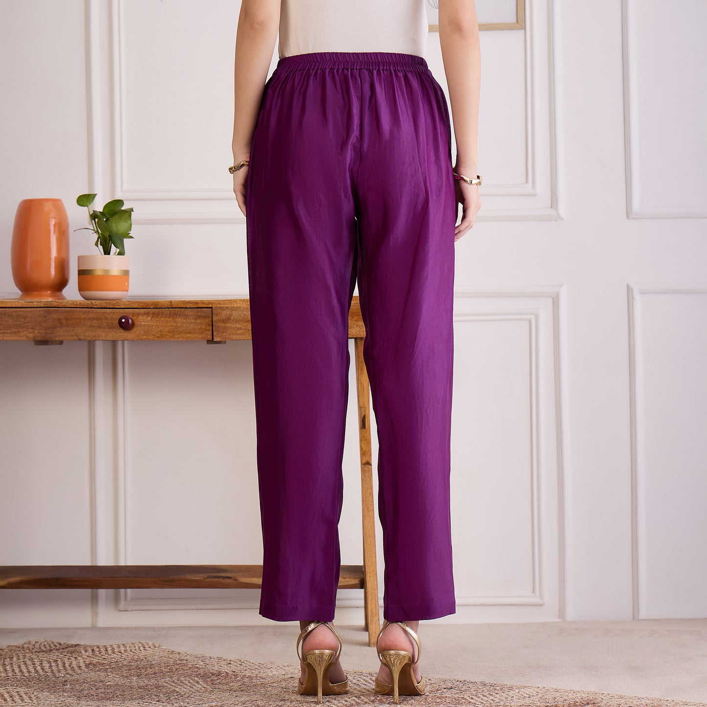 Purple Zari Hand Embroidered Short Kaftan Top with Pants Set