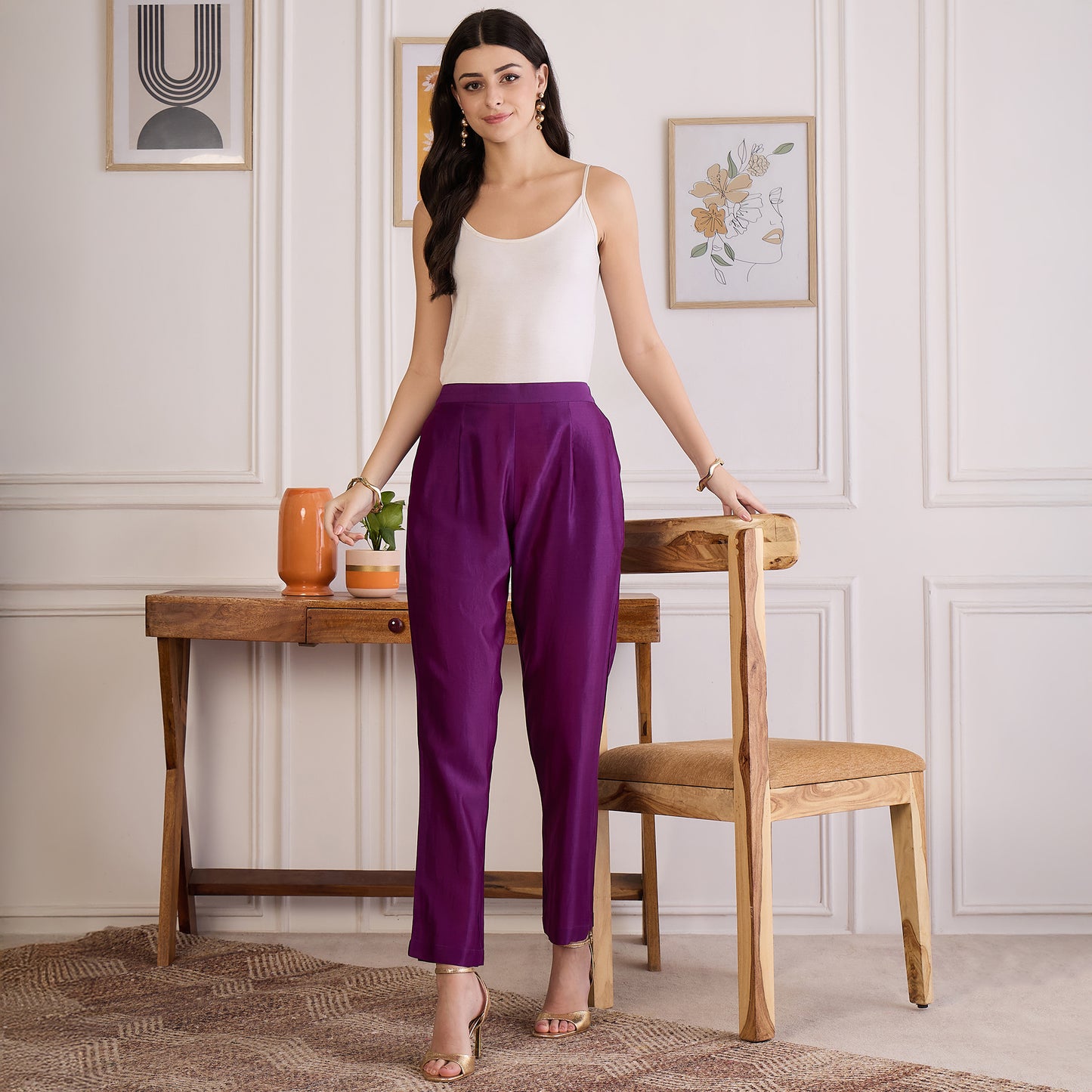 Purple Zari Hand Embroidered Short Kaftan Top with Pants Set