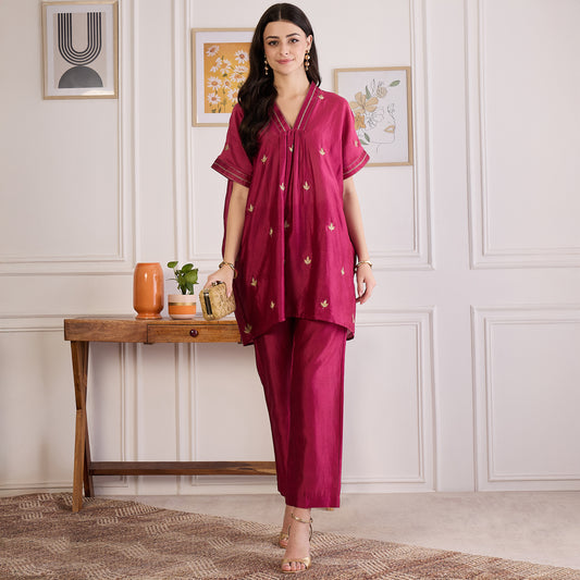 Wine Zari Hand Embroidered Short Kaftan Top with Pants Set