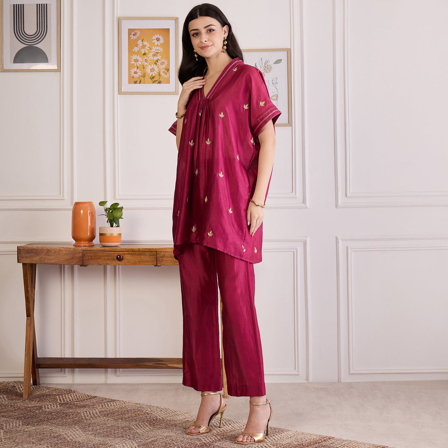 Wine Zari Hand Embroidered Short Kaftan Top with Pants Set