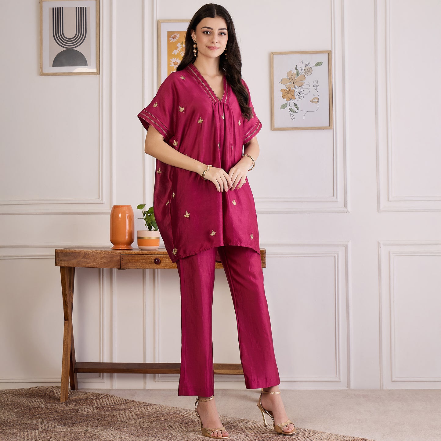 Wine Zari Hand Embroidered Short Kaftan Top with Pants Set