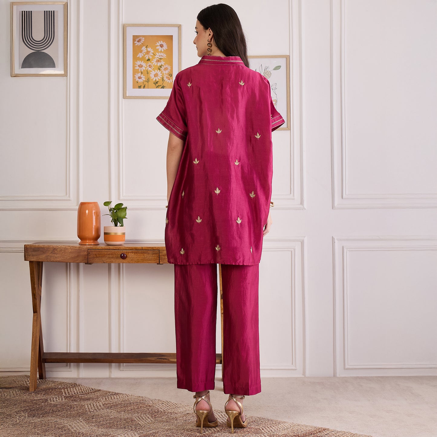 Wine Zari Hand Embroidered Short Kaftan Top with Pants Set