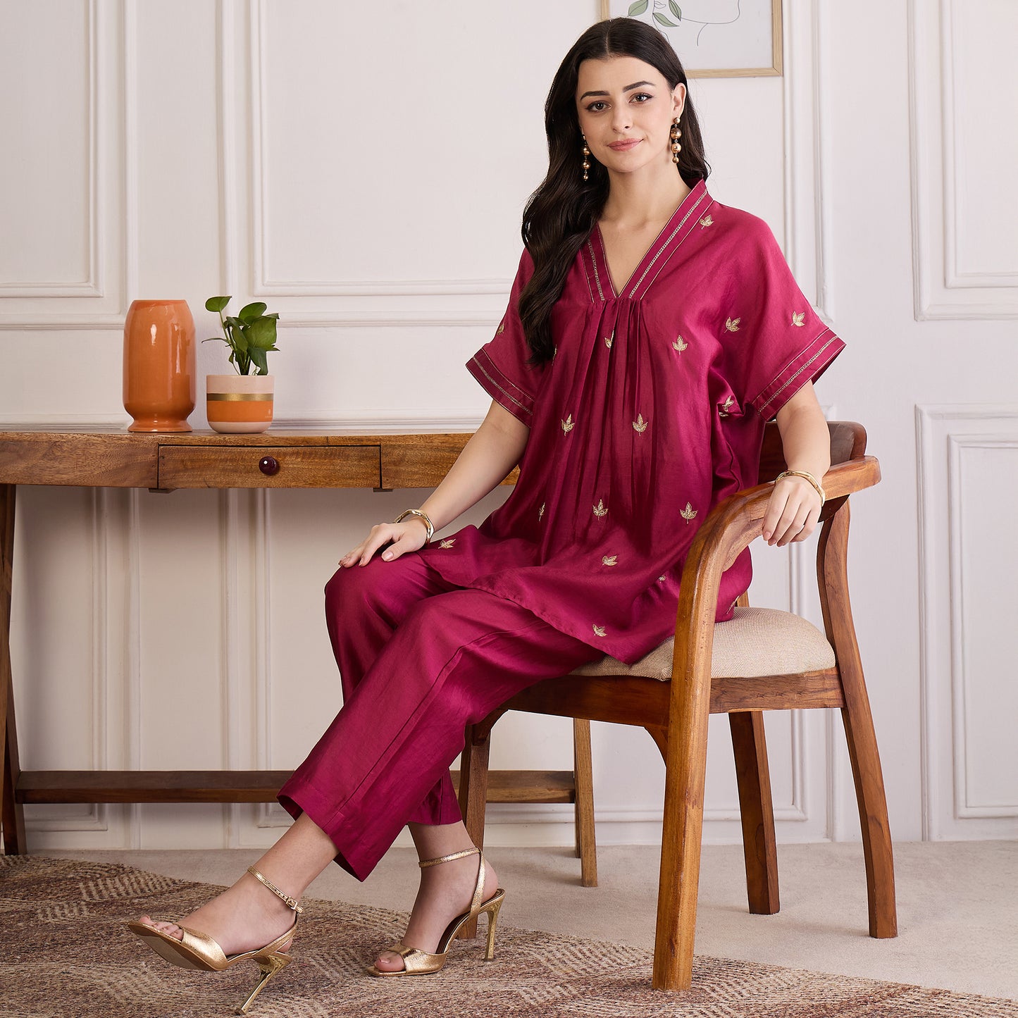 Wine Zari Hand Embroidered Short Kaftan Top with Pants Set