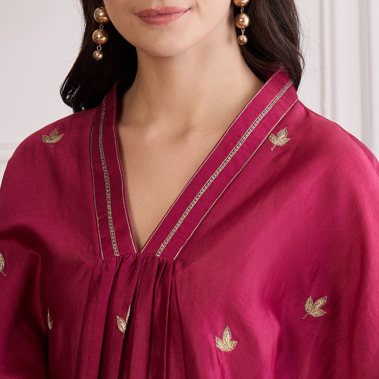 Wine Zari Hand Embroidered Short Kaftan Top with Pants Set