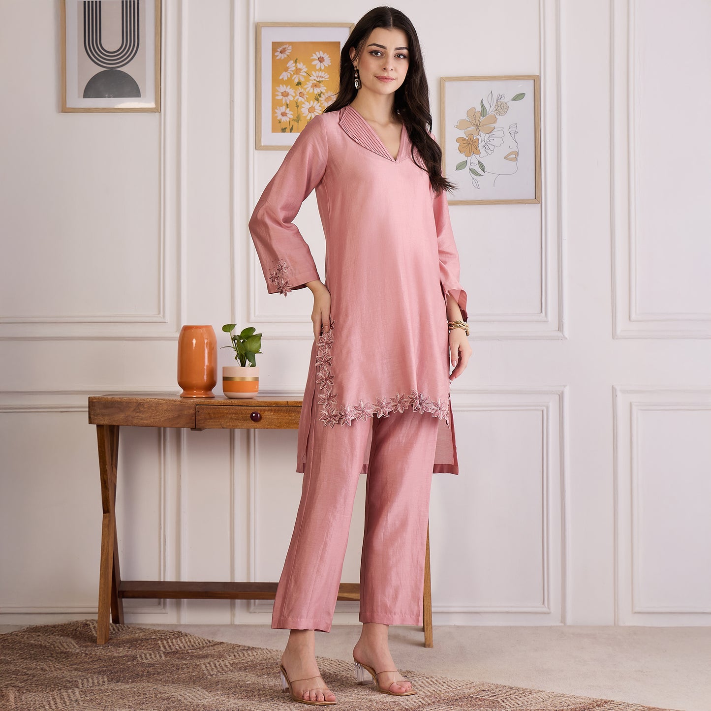 Carnation Pink Floral Cutwork Embroidered Set