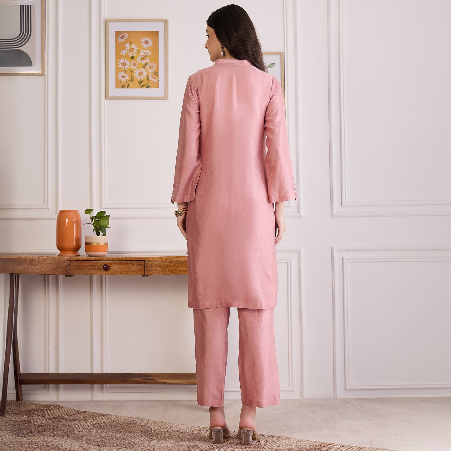 Carnation Pink Floral Cutwork Embroidered Set