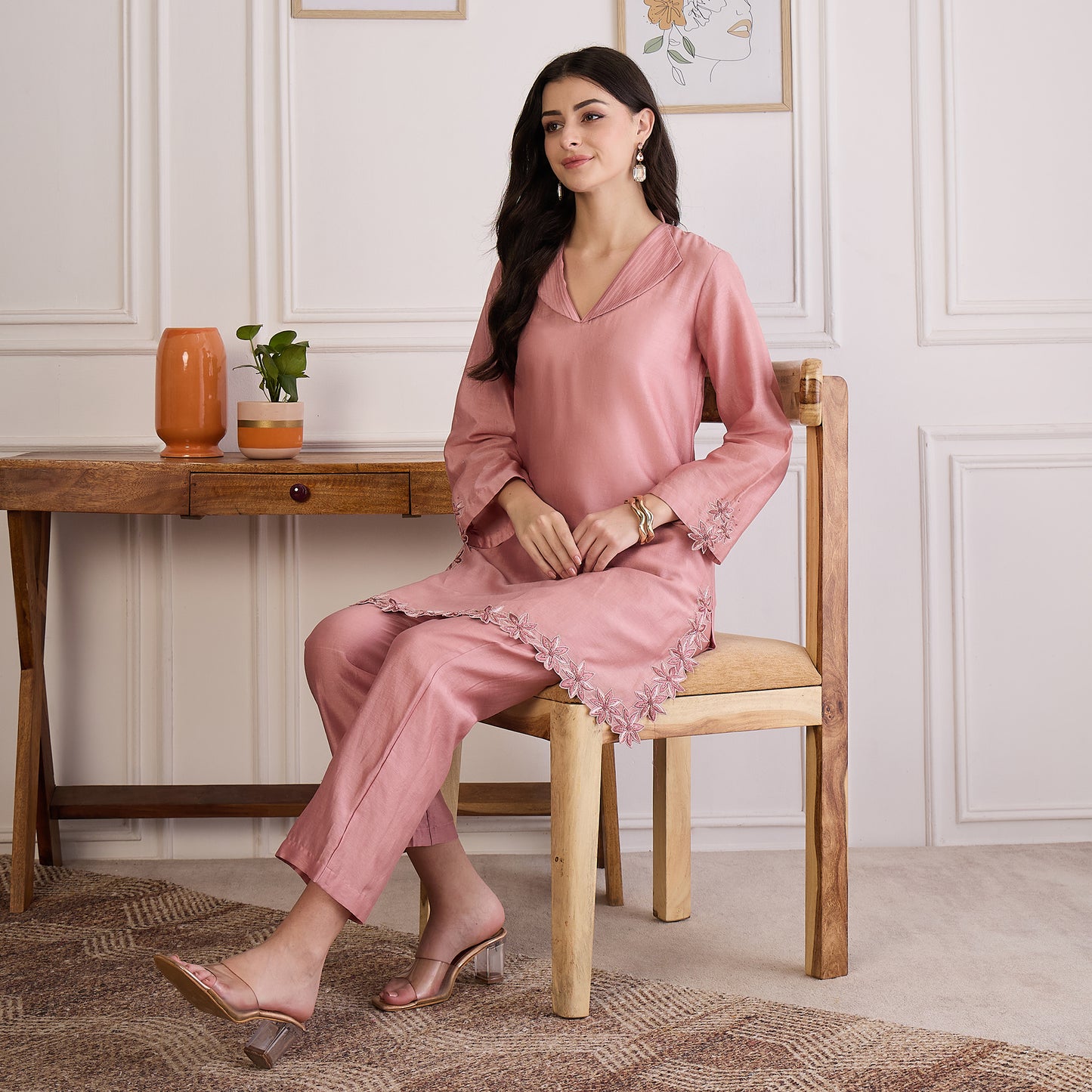 Carnation Pink Floral Cutwork Embroidered Set