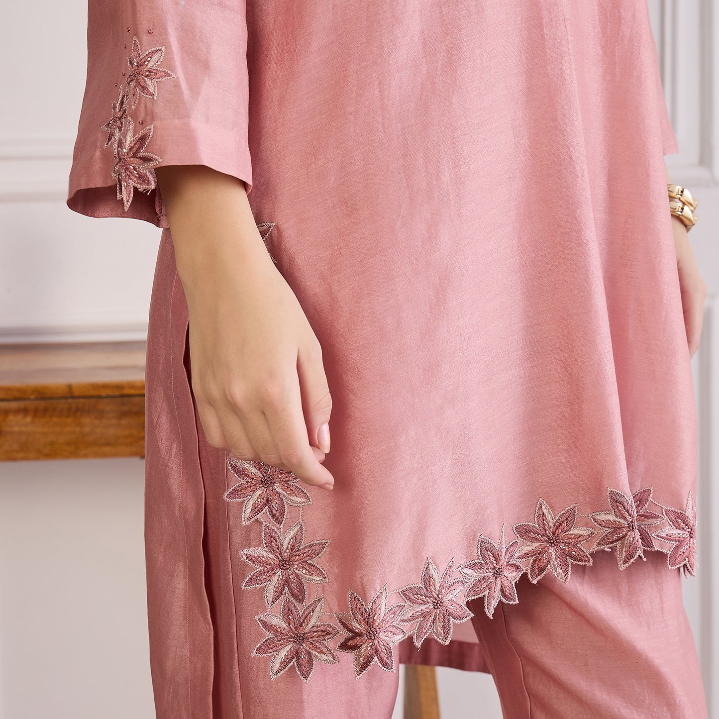 Carnation Pink Floral Cutwork Embroidered Set