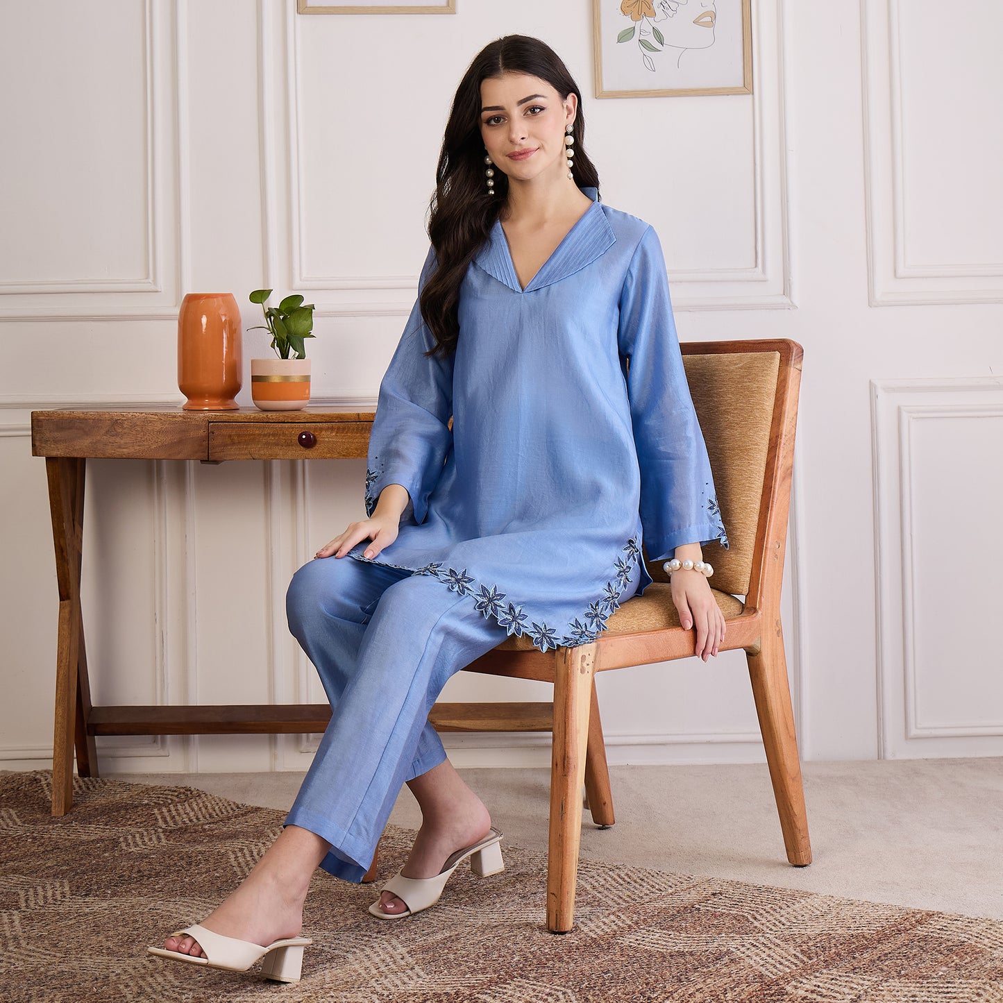 Sky Blue Floral Cutwork Embroidered Set