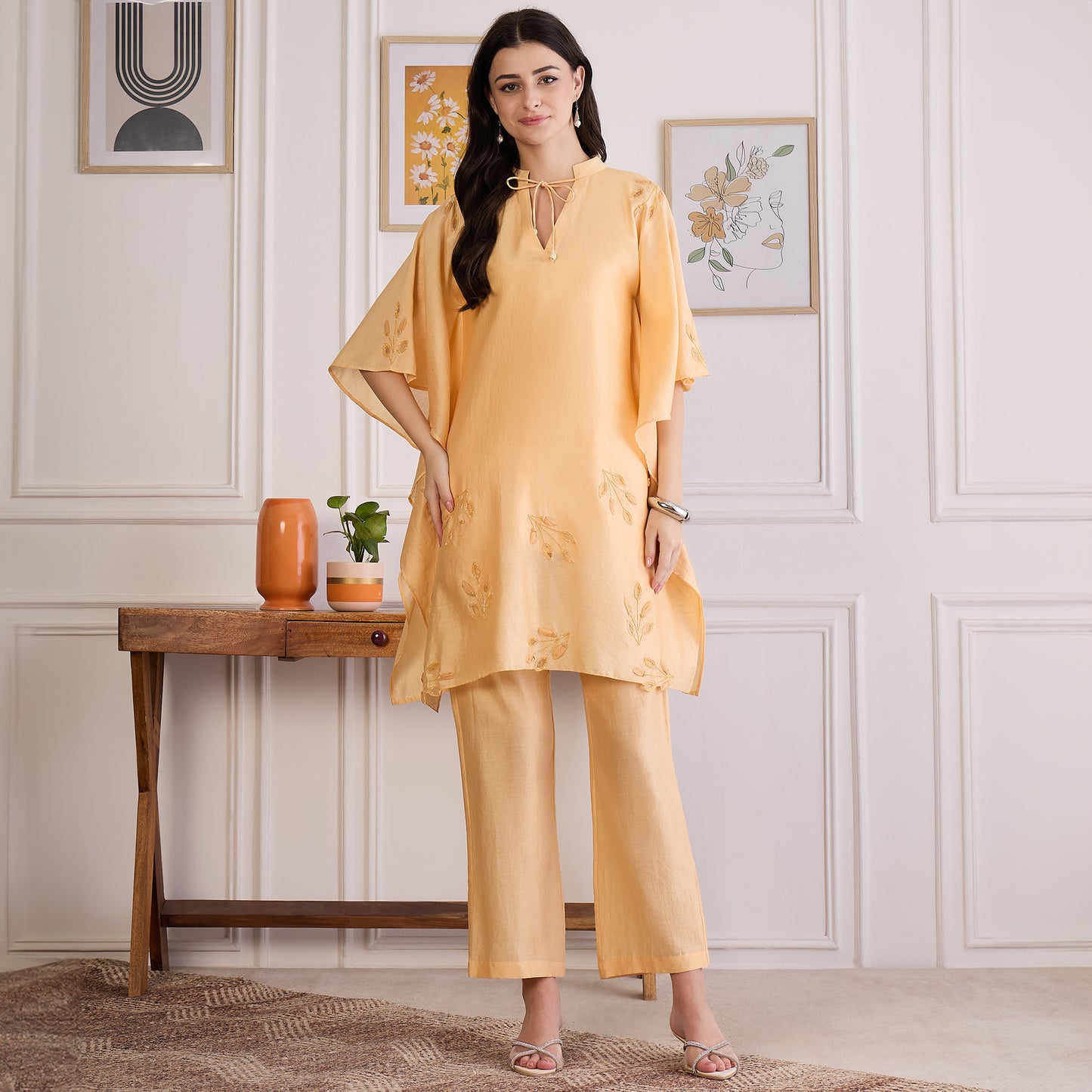 Butter Yellow Embroidered Kaftan set