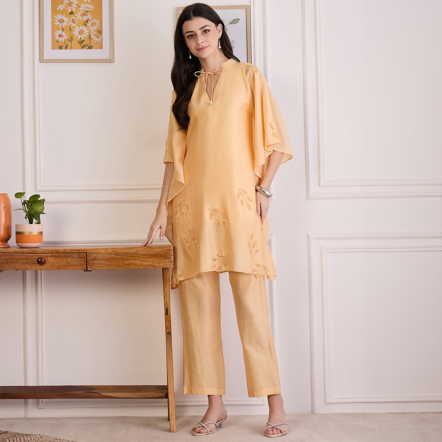 Butter Yellow Embroidered Kaftan set