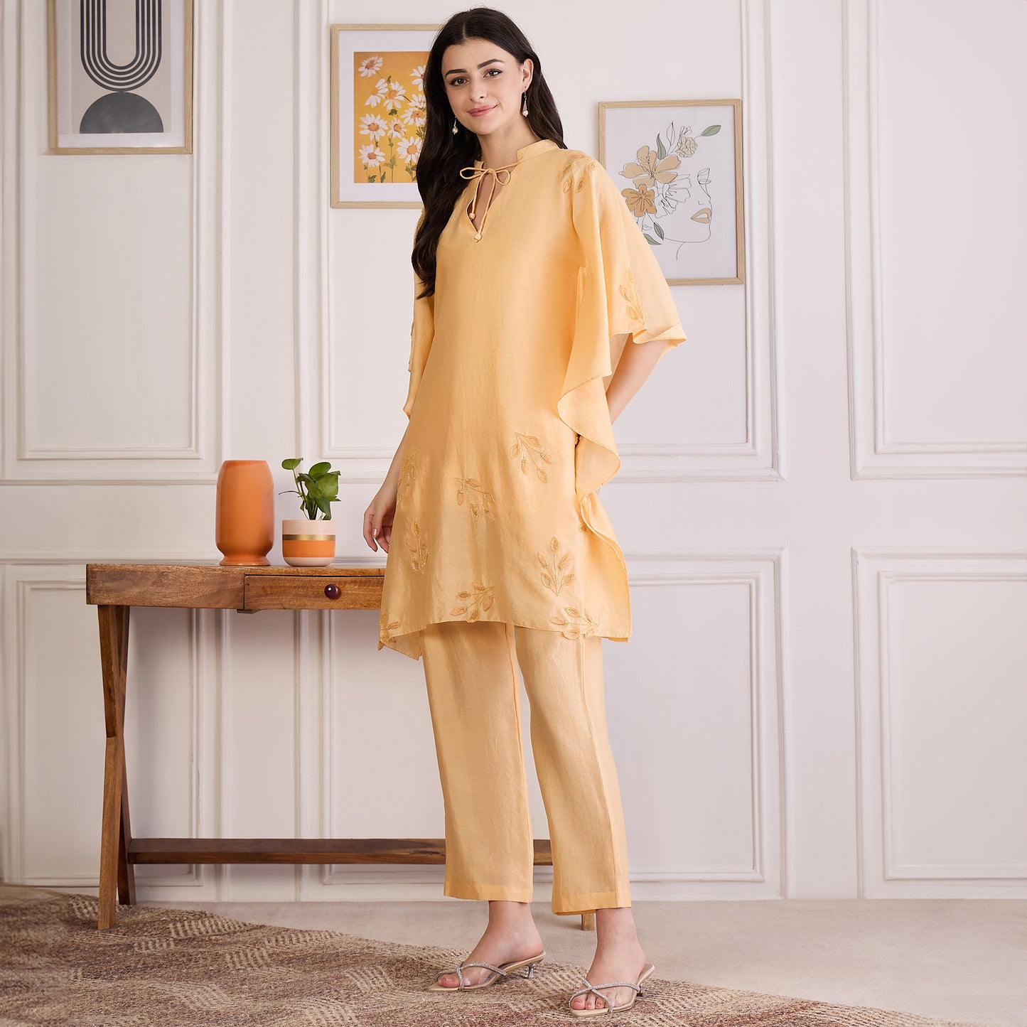 Butter Yellow Embroidered Kaftan set