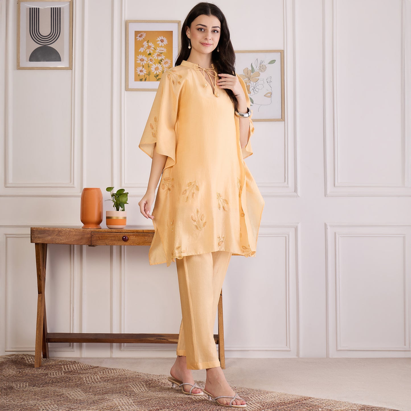 Butter Yellow Embroidered Kaftan set