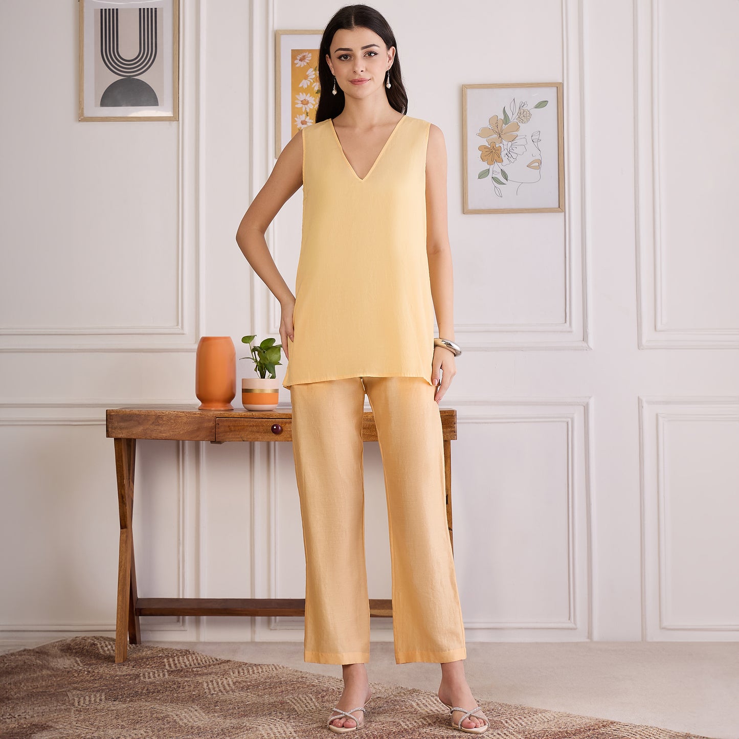 Butter Yellow Embroidered Kaftan set