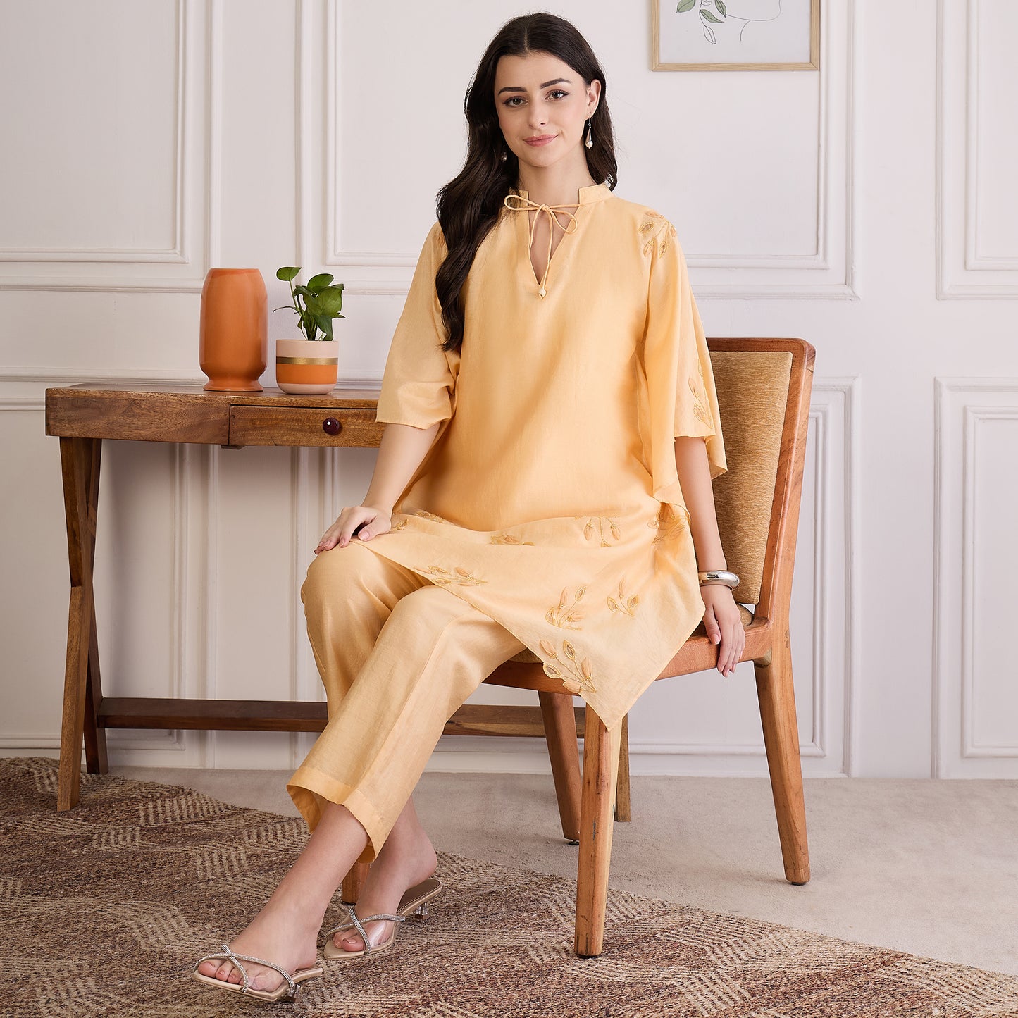 Butter Yellow Embroidered Kaftan set