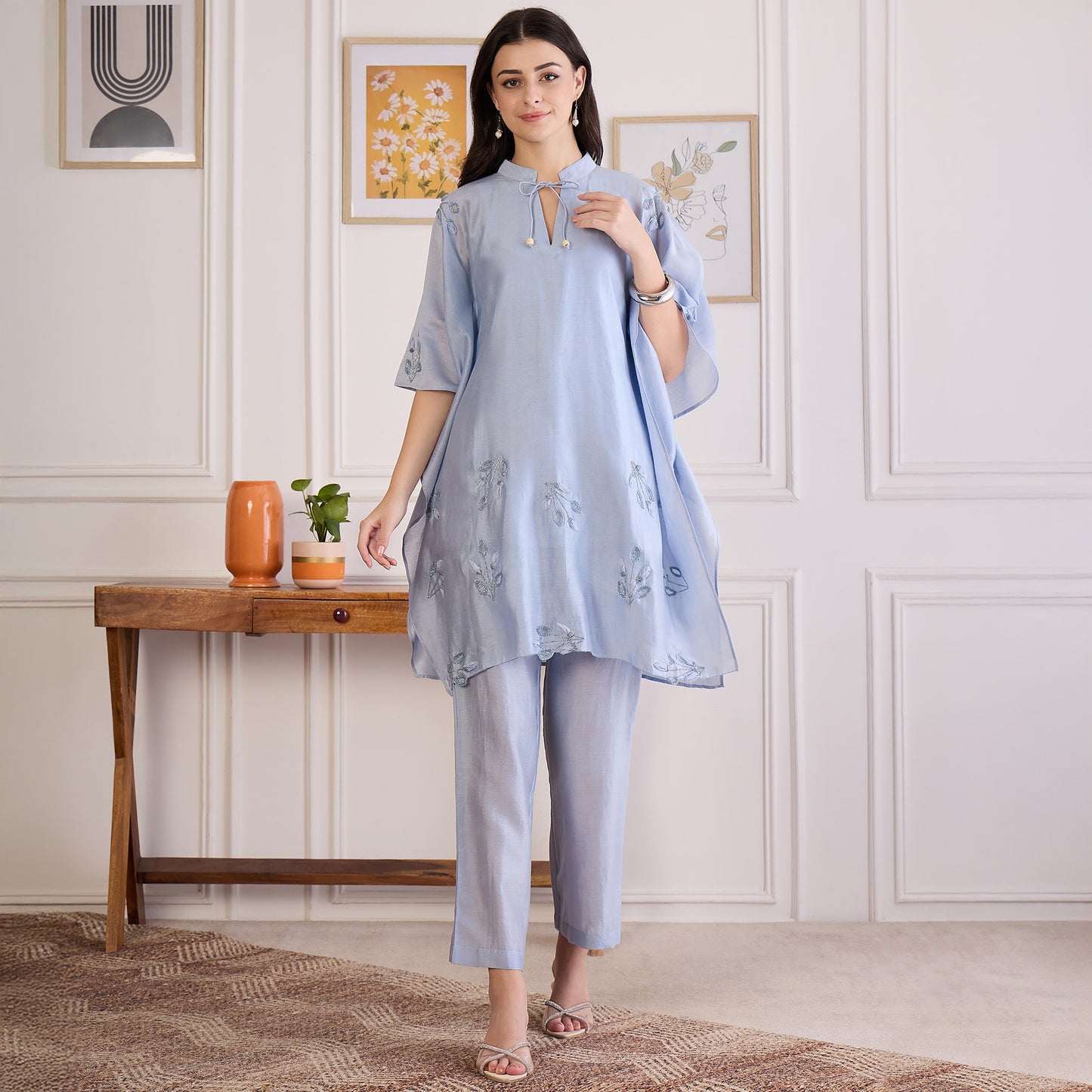 Ice Blue Embroidered Kaftan Set