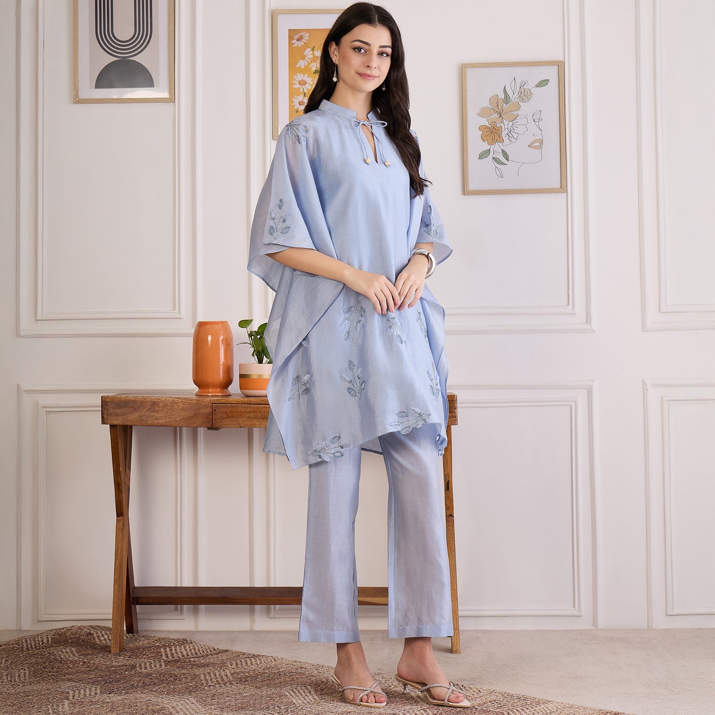 Ice Blue Embroidered Kaftan Set