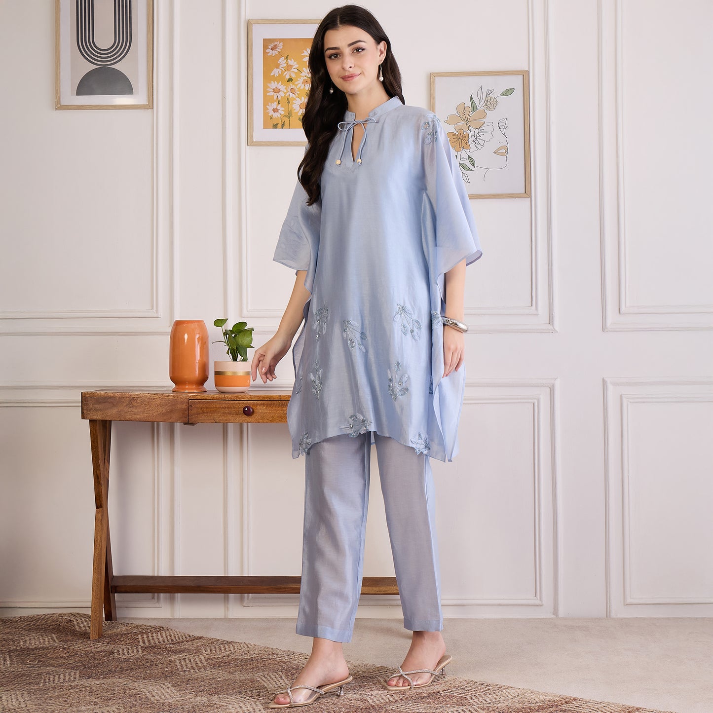 Ice Blue Embroidered Kaftan Set