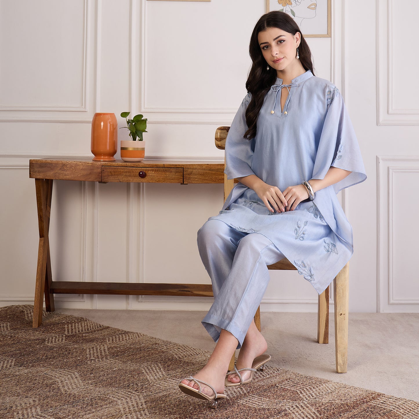Ice Blue Embroidered Kaftan Set