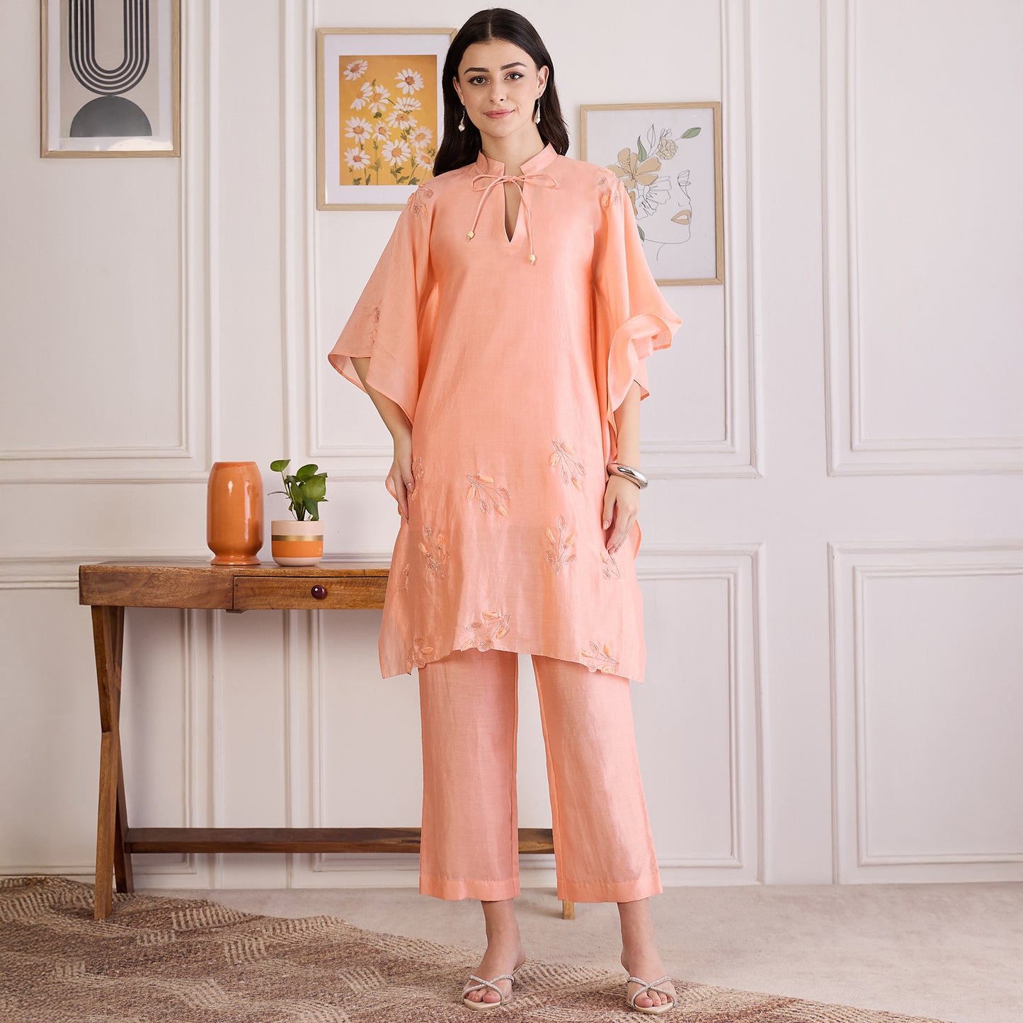 Peach Embroidered Kaftan Set