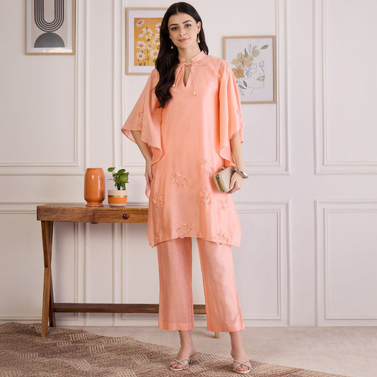 Peach Embroidered Kaftan Set