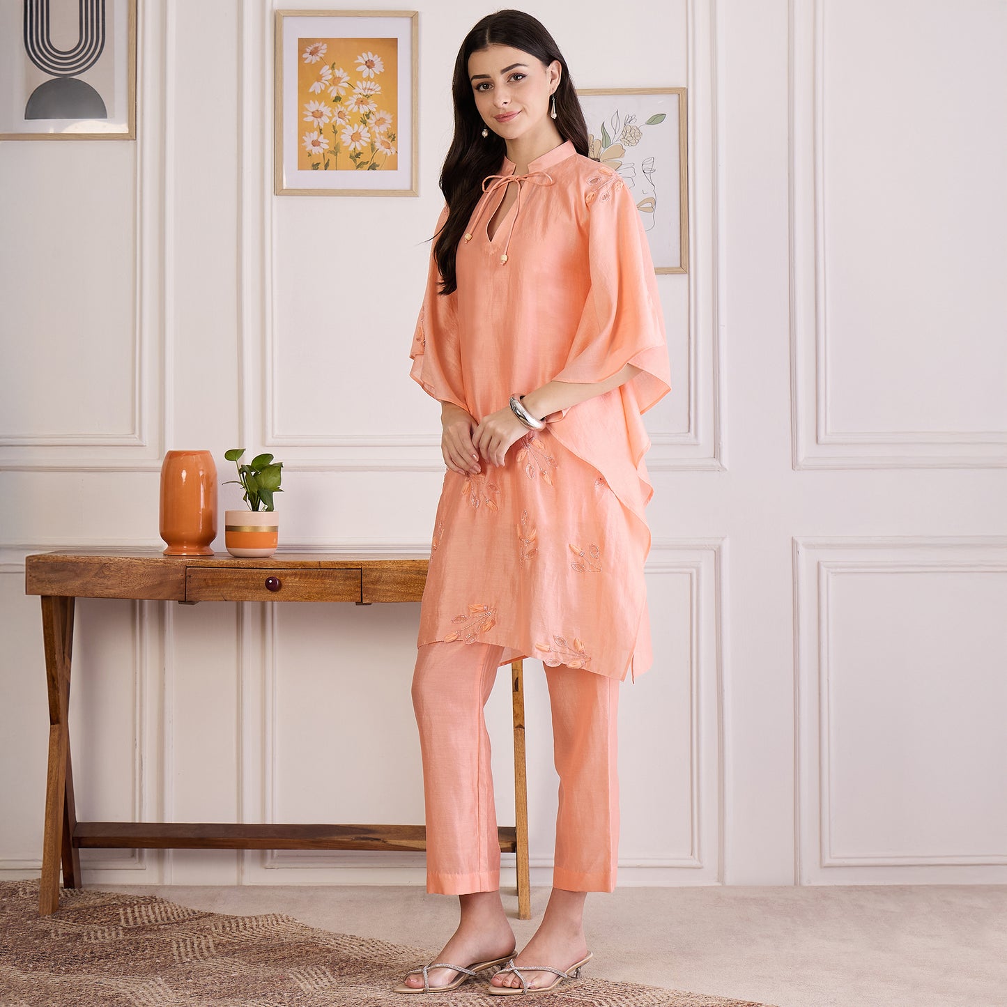 Peach Embroidered Kaftan Set