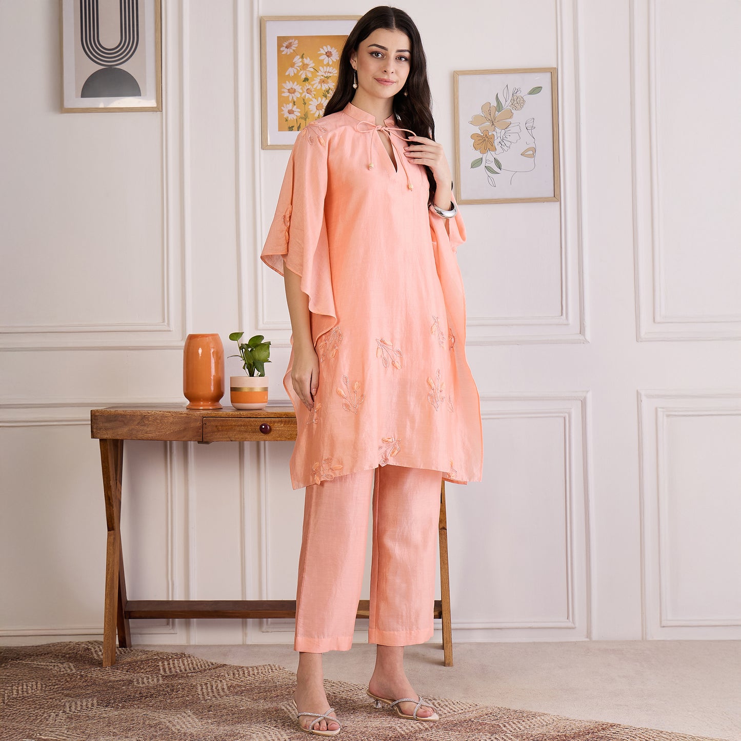 Peach Embroidered Kaftan Set