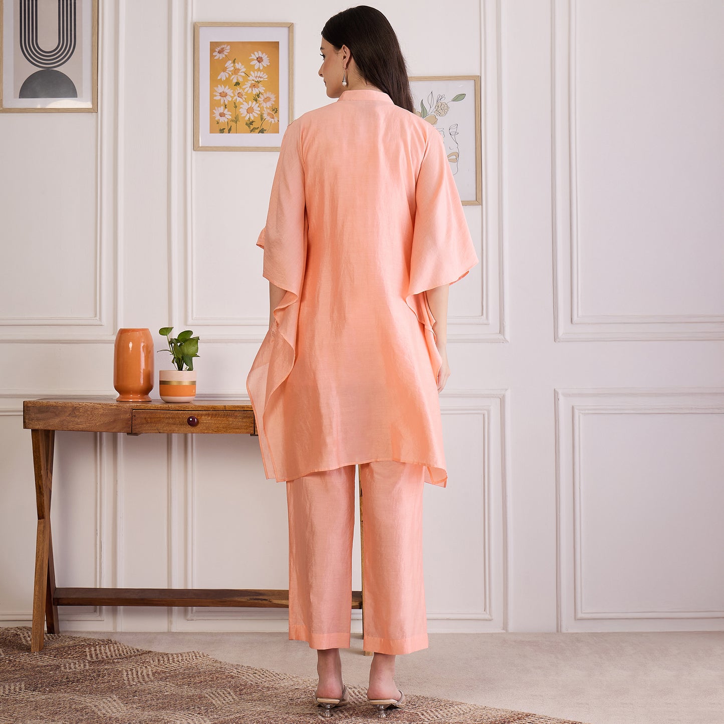Peach Embroidered Kaftan Set