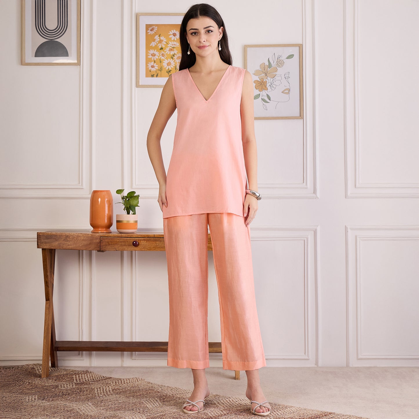 Peach Embroidered Kaftan Set