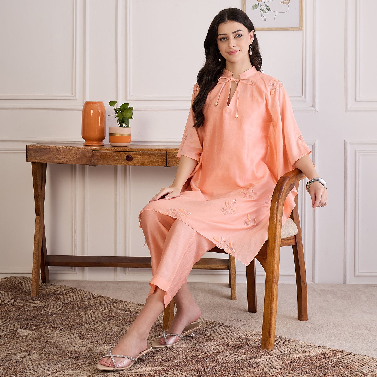 Peach Embroidered Kaftan Set