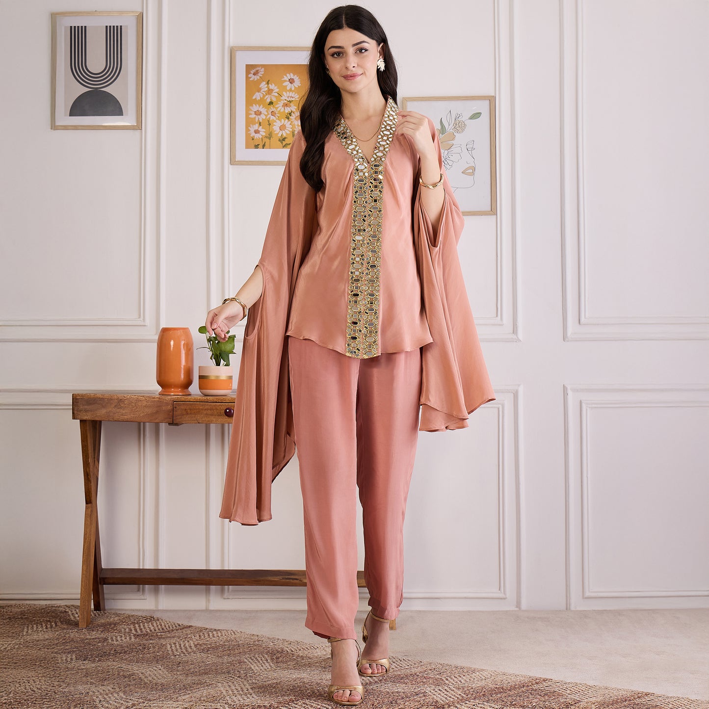 Light Rust Mirror Laced Kaftan Top with Pants Set