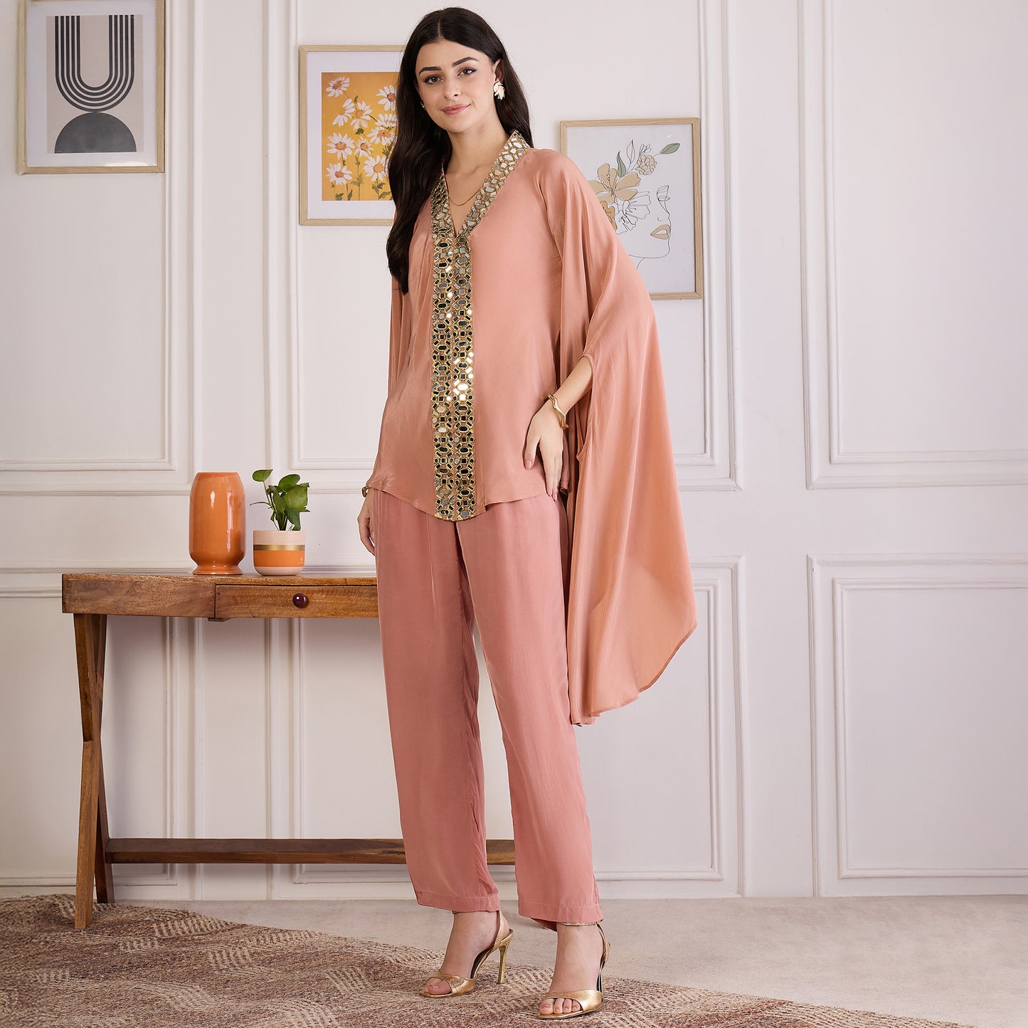 Light Rust Mirror Laced Kaftan Top with Pants Set