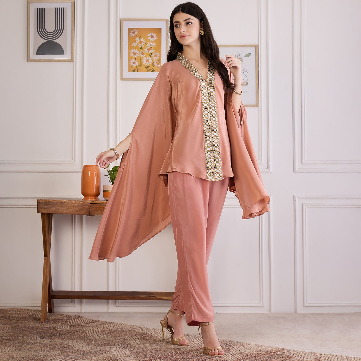 Light Rust Mirror Laced Kaftan Top with Pants Set