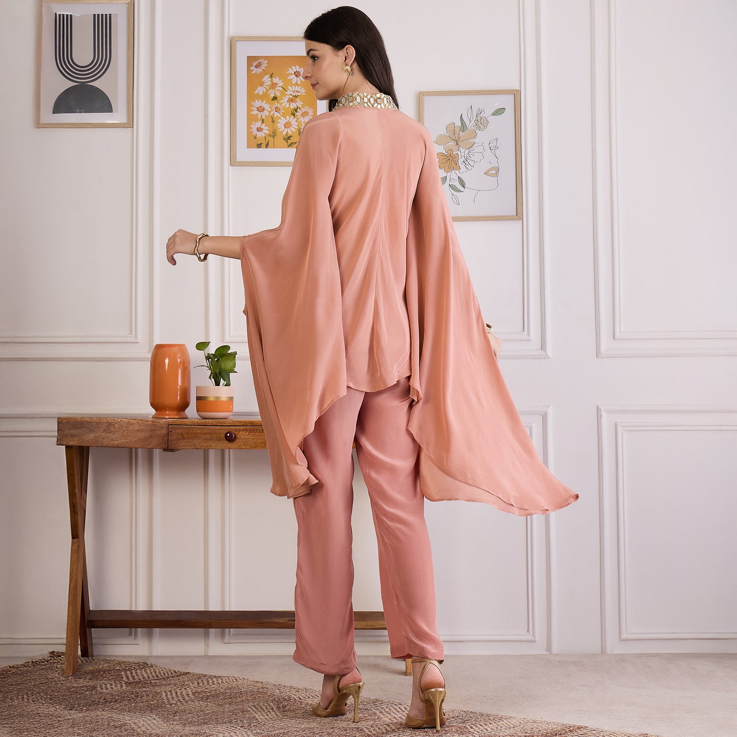 Light Rust Mirror Laced Kaftan Top with Pants Set