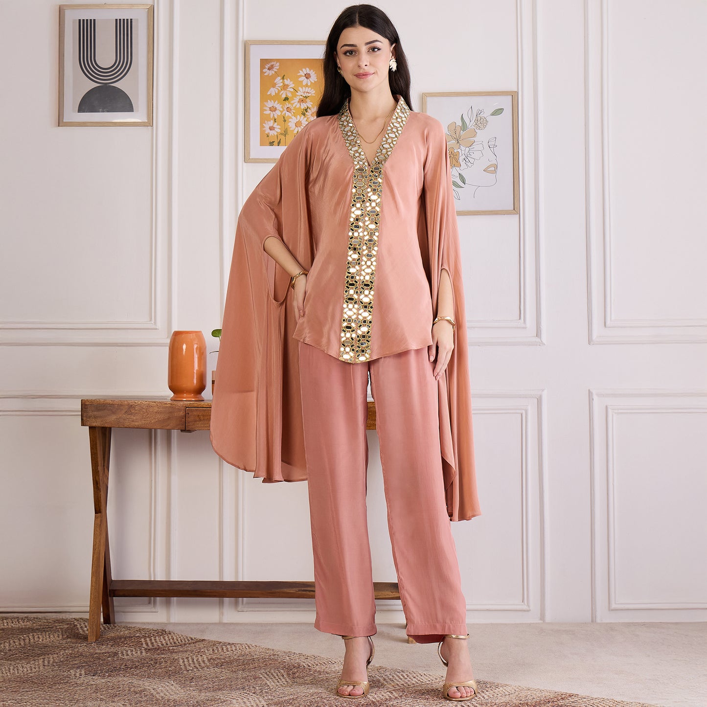 Light Rust Mirror Laced Kaftan Top with Pants Set