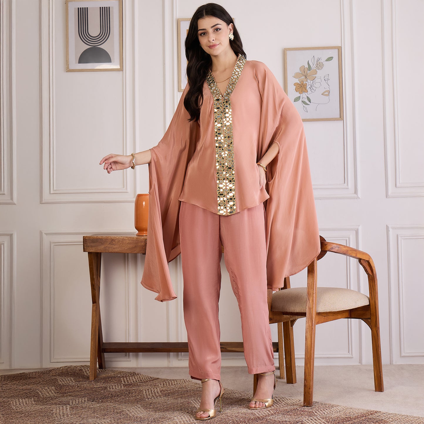 Light Rust Mirror Laced Kaftan Top with Pants Set