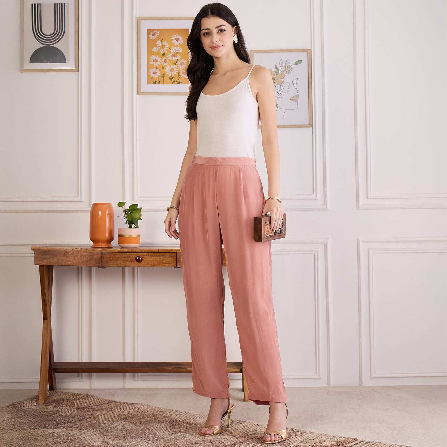 Light Rust Mirror Laced Kaftan Top with Pants Set
