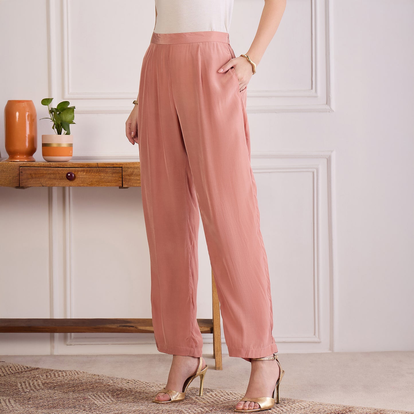 Light Rust Mirror Laced Kaftan Top with Pants Set