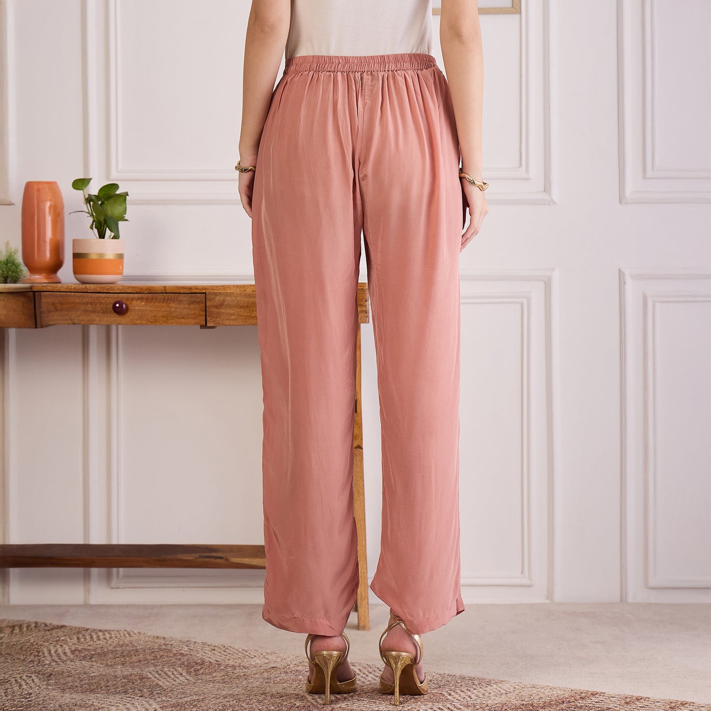Light Rust Mirror Laced Kaftan Top with Pants Set