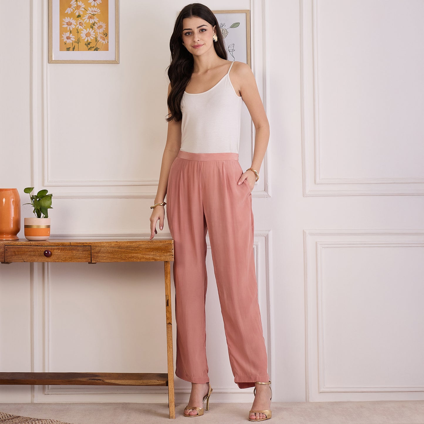 Light Rust Mirror Laced Kaftan Top with Pants Set