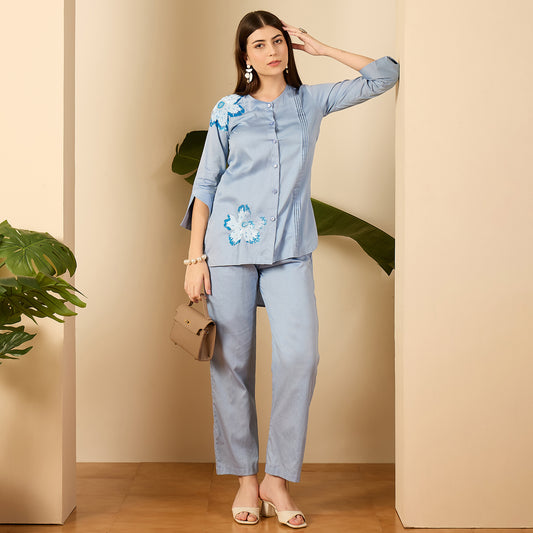 Blue Floral Sequined Embroidered Co-ord Set