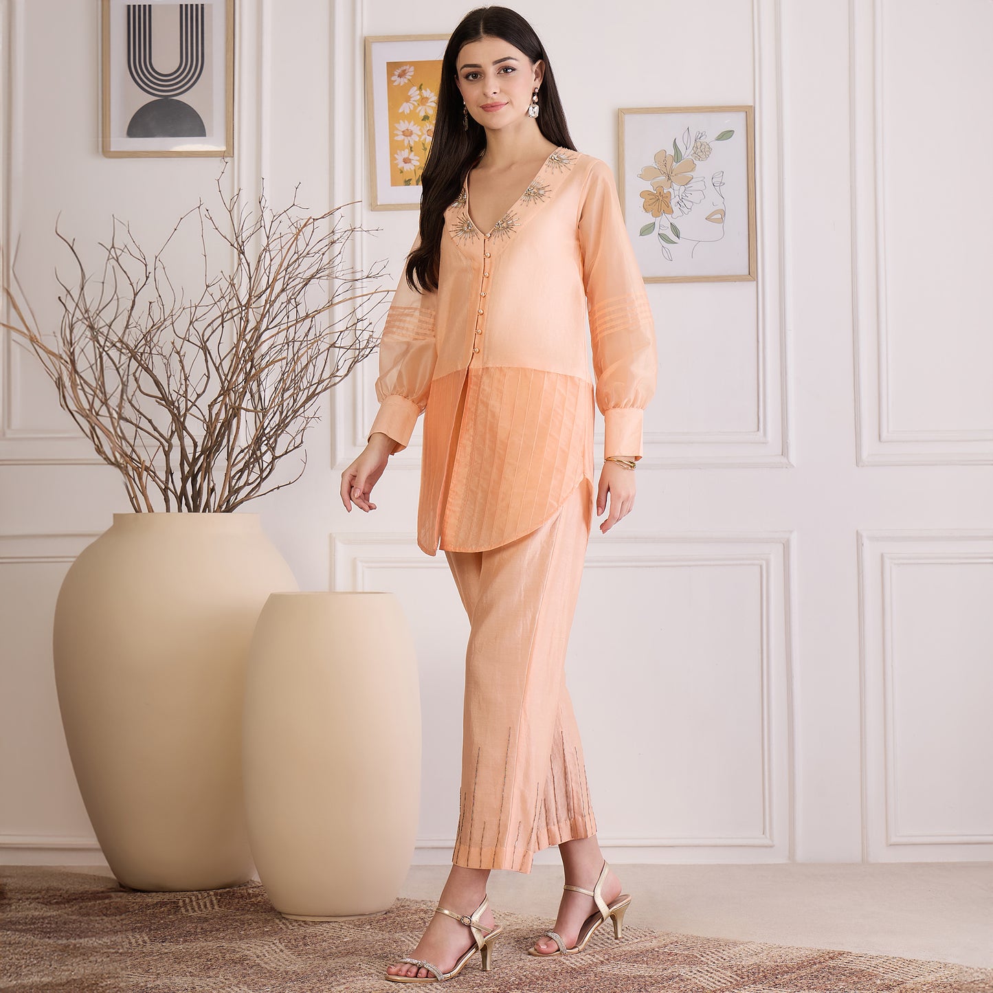 Peach Blush Pin Tuck Hand-Embroidered Co-ord Set