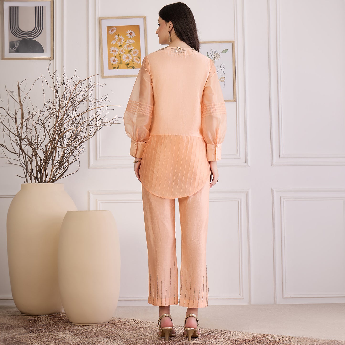 Peach Blush Pin Tuck Hand-Embroidered Co-ord Set
