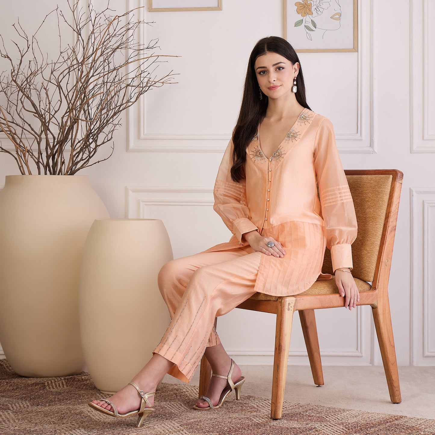Peach Blush Pin Tuck Hand-Embroidered Co-ord Set