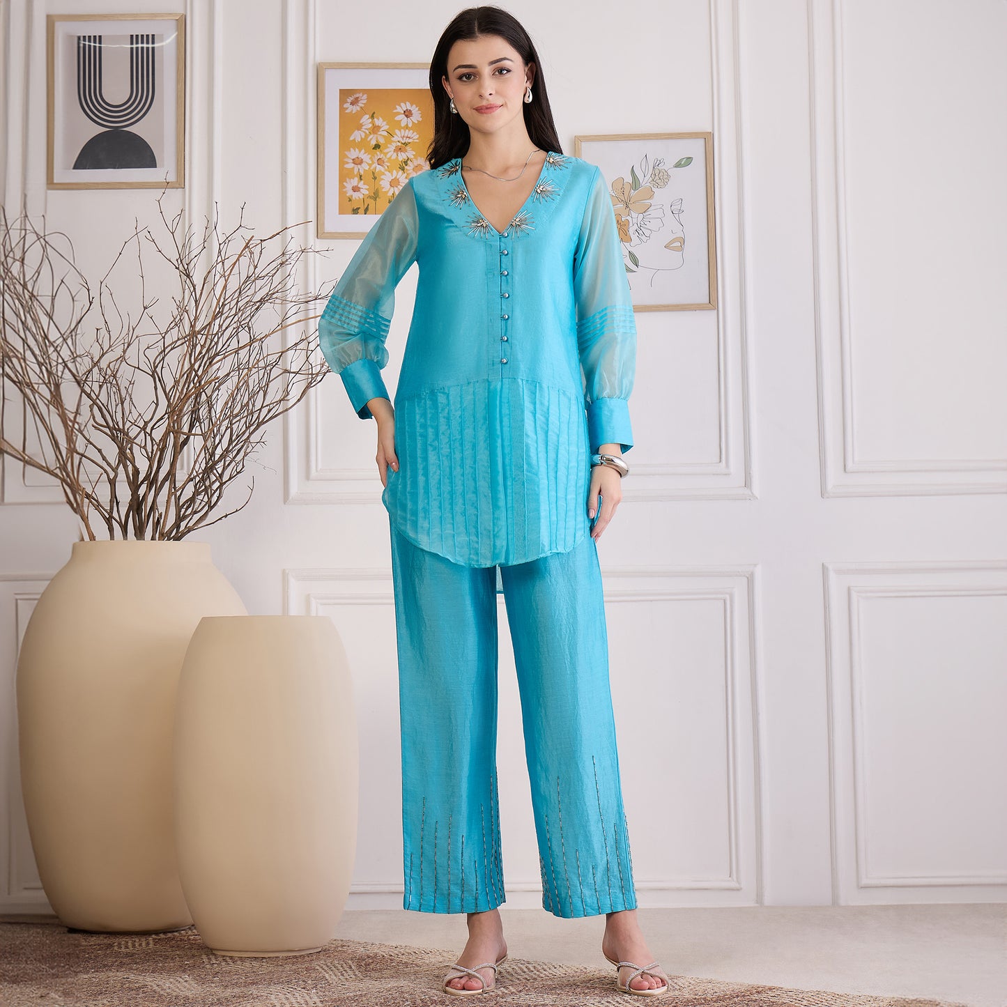 Sky Blue Pin Tuck Hand-Embroidered Co-ord Set