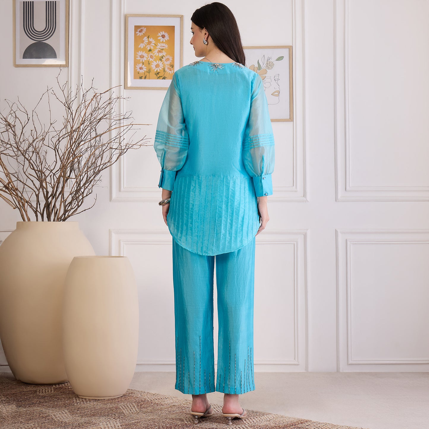 Sky Blue Pin Tuck Hand-Embroidered Co-ord Set
