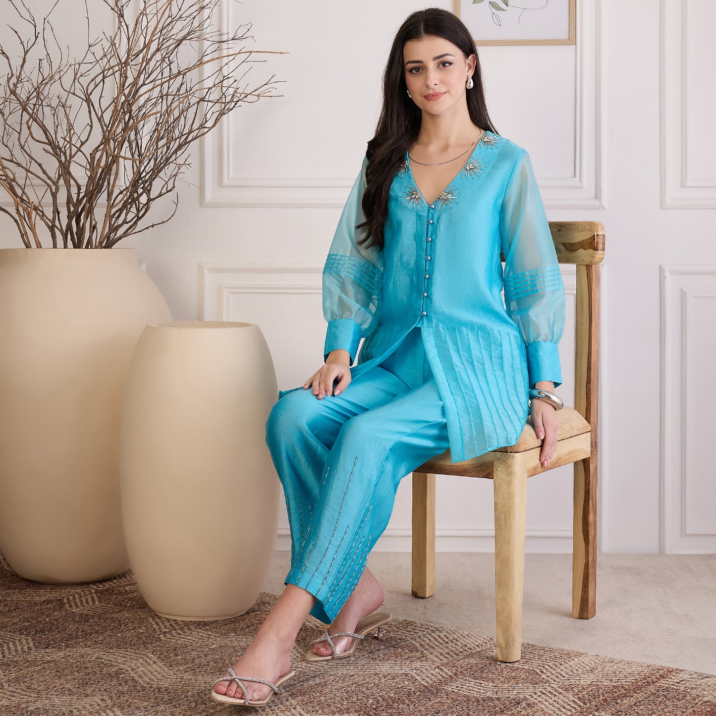 Sky Blue Pin Tuck Hand-Embroidered Co-ord Set