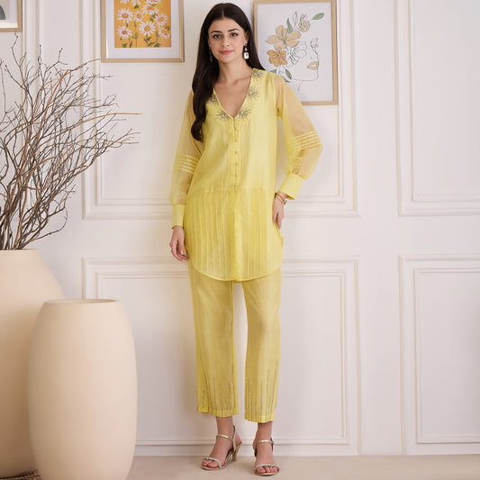 Yellow Pin Tuck Hand-Embroidered Co-ord Set