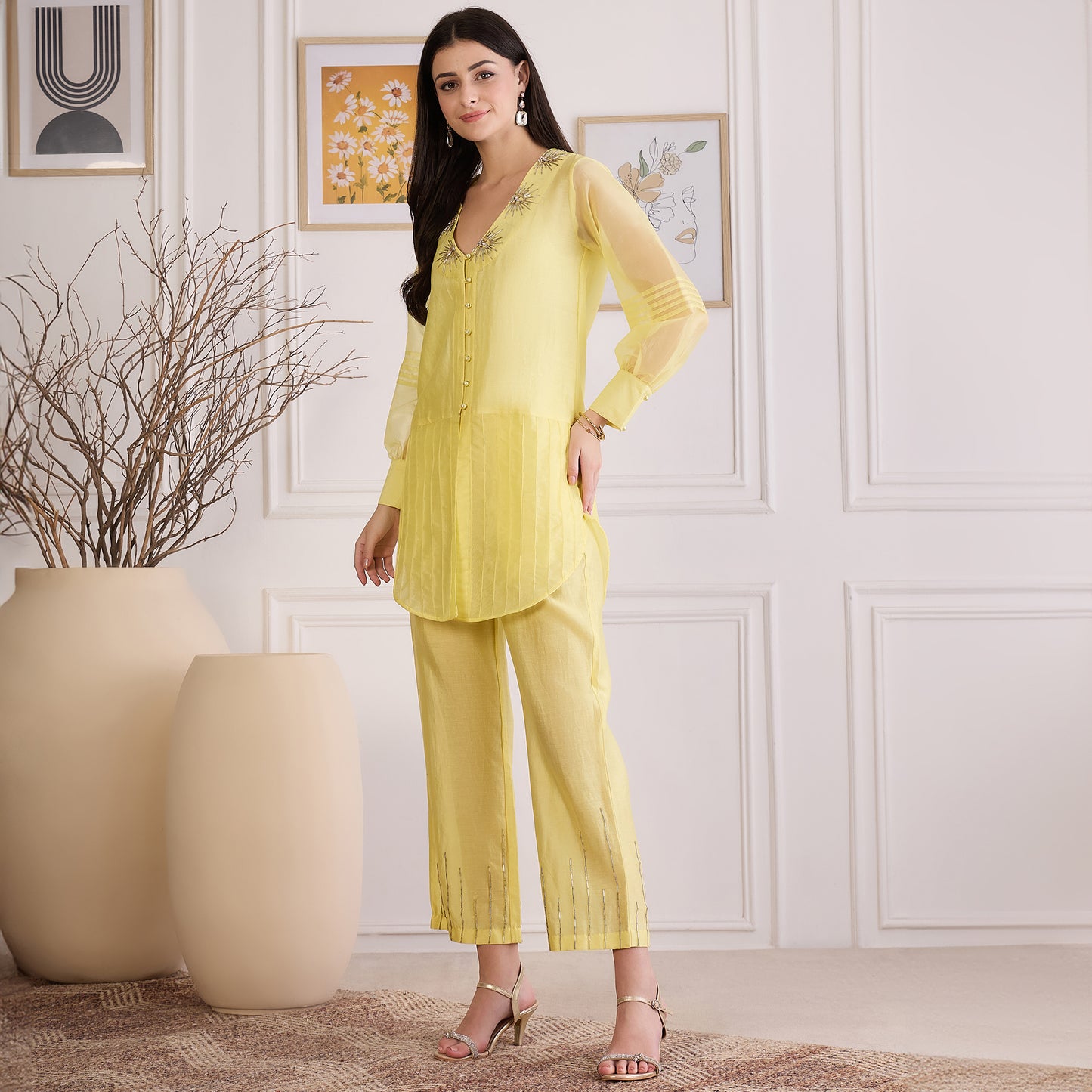 Yellow Pin Tuck Hand-Embroidered Co-ord Set